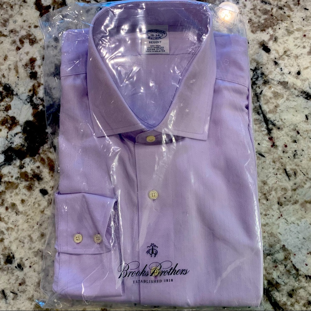 NWT Brooks Brothers dress shirt. Herringbone stitch pattern, purple.